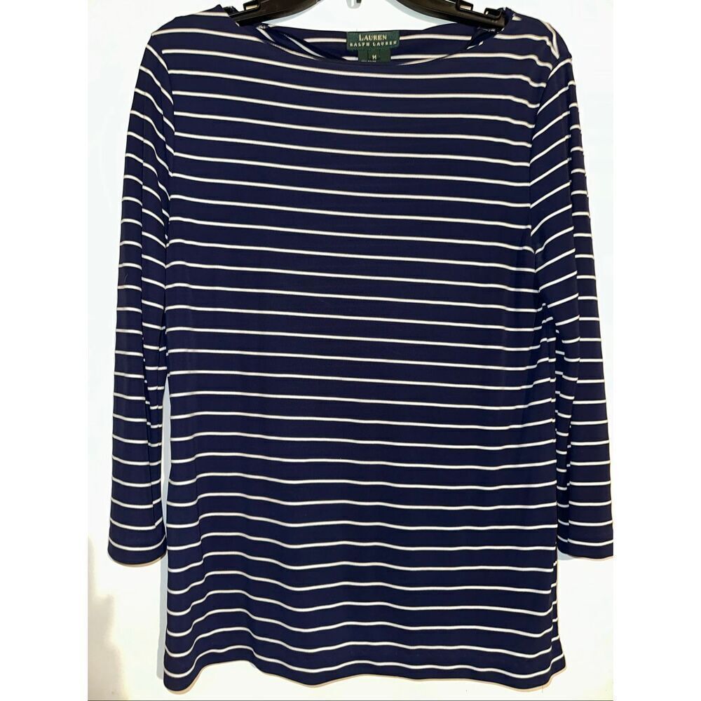 Ralph Lauren Sport Women Rayon Navy White Striped Top Size Medium M Nautical Pre